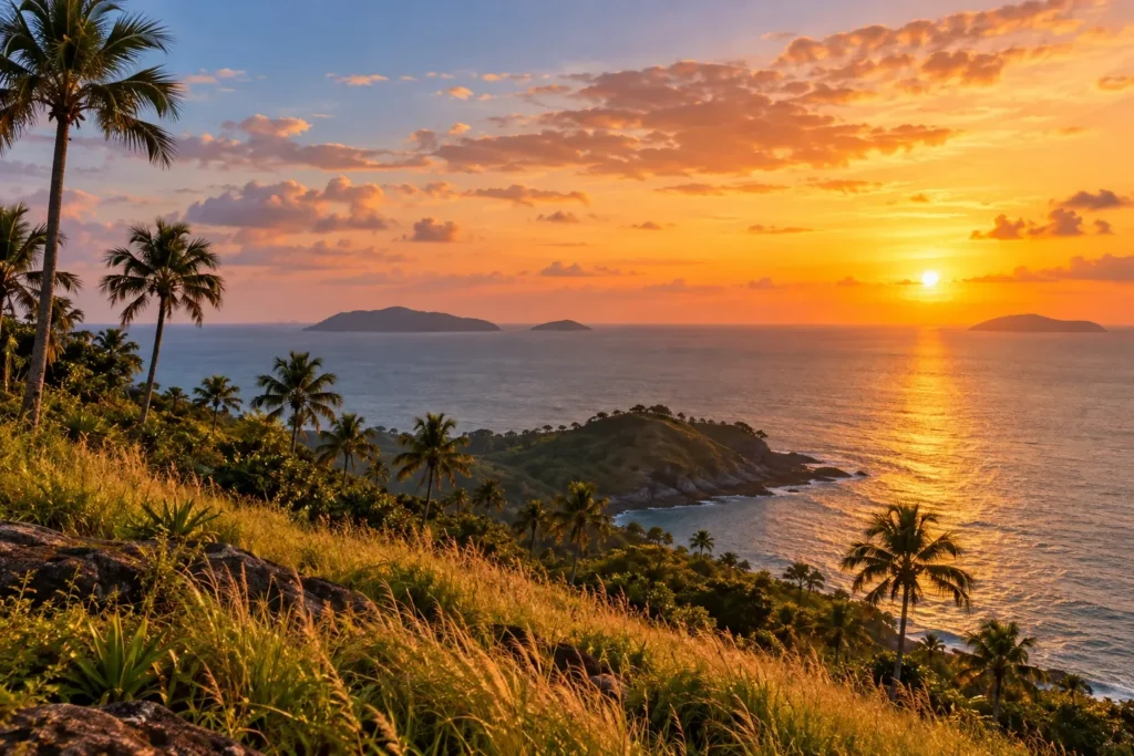 A headland viewpoint over the Andaman Sea at sunset for Promthep Cape planning — AI-generated illustration
