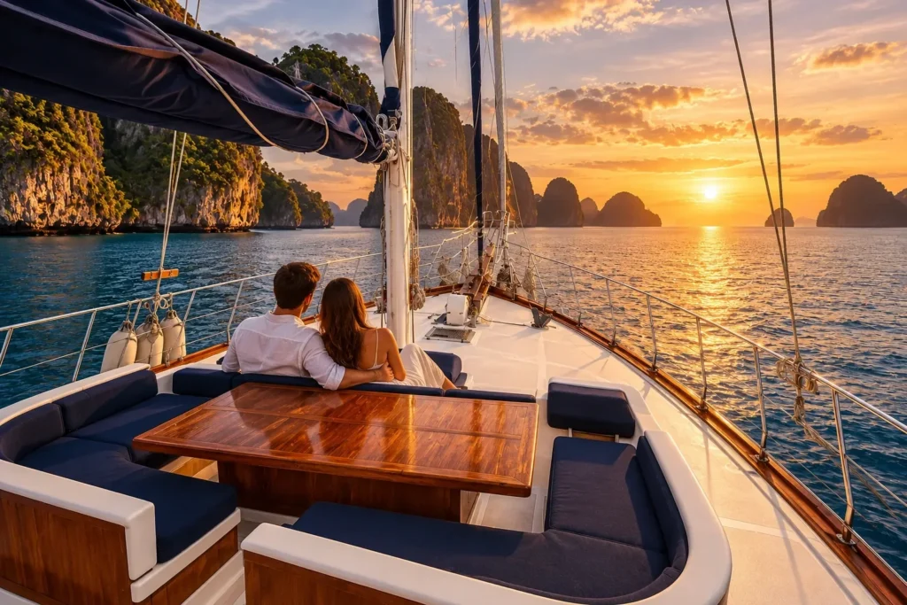 A couple at the bow at golden hour (faces not visible) for proposal on a yacht planning — AI-generated illustration