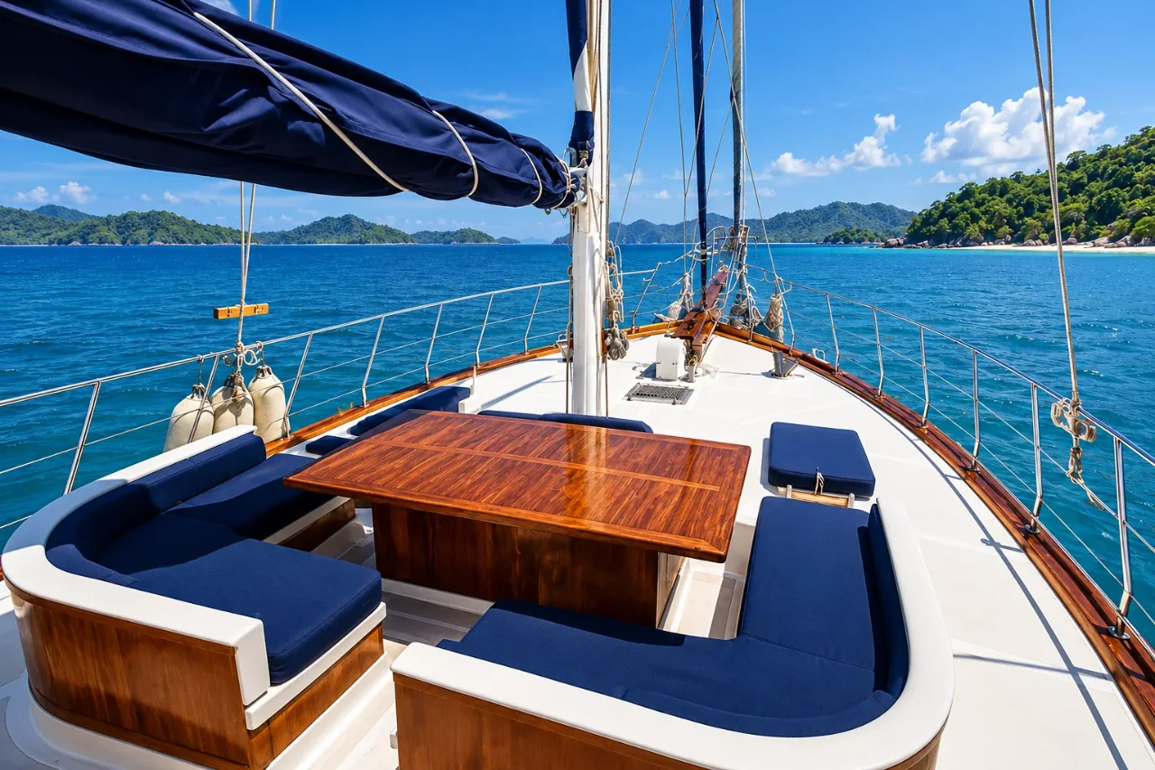 Ruangsri deck with navy seating and teak table on a private day charter — AI-generated illustration