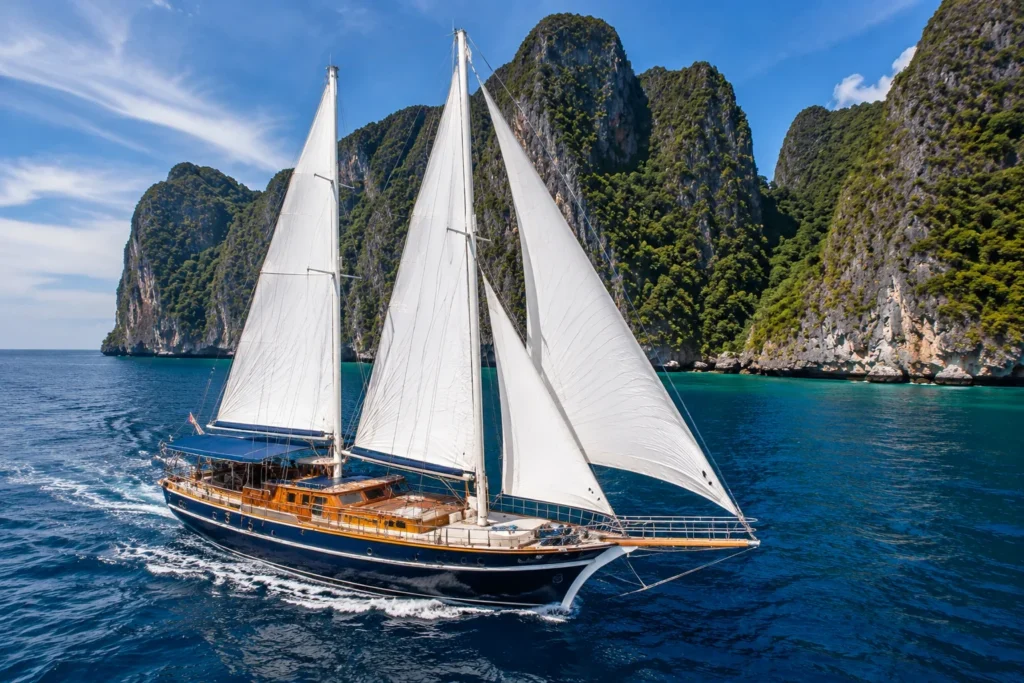 Ruangsri Turkish gulet under sail during a Phuket yacht charter