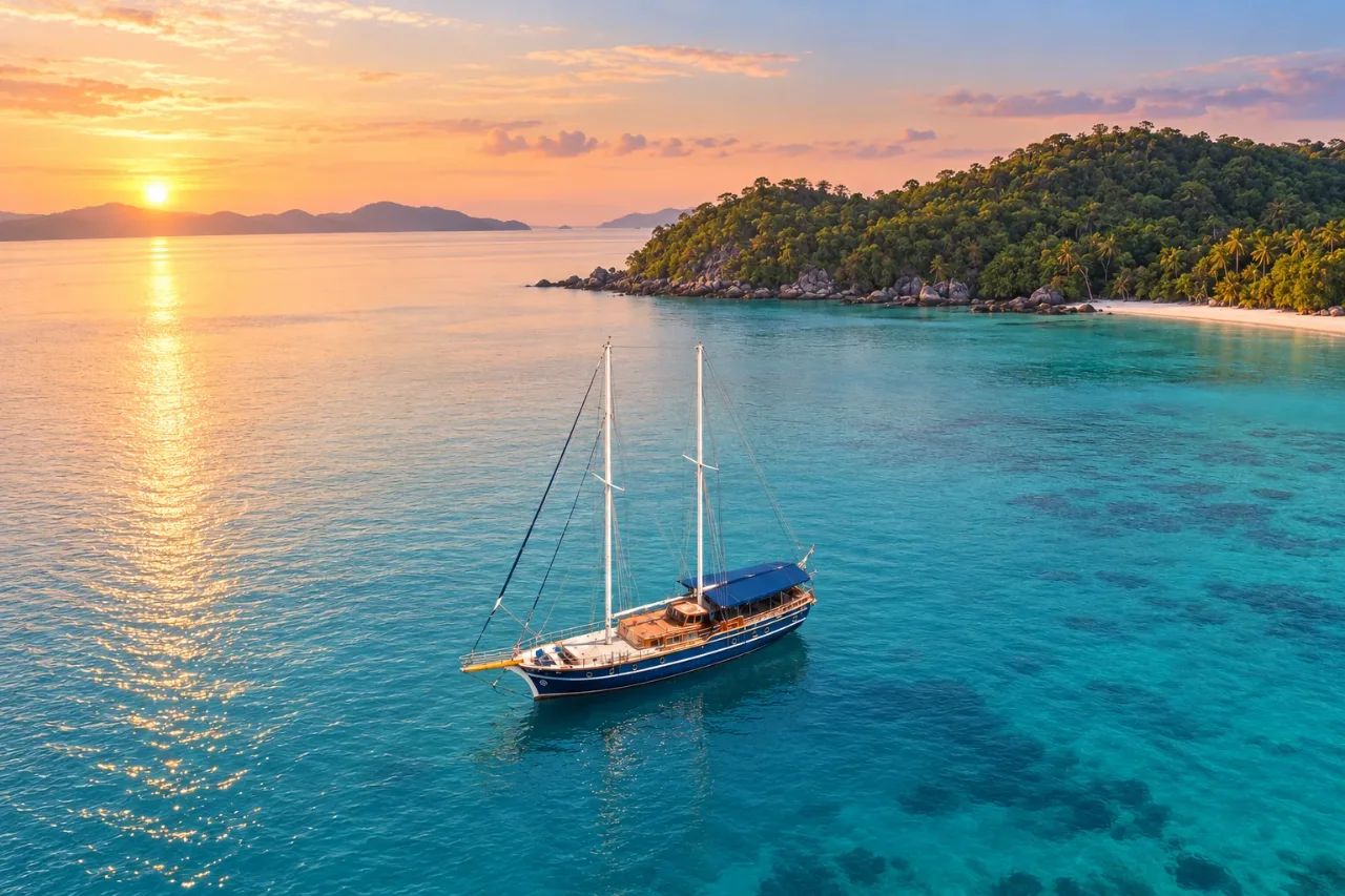 Ruangsri yacht at a tropical anchorage in morning light — AI-generated illustration
