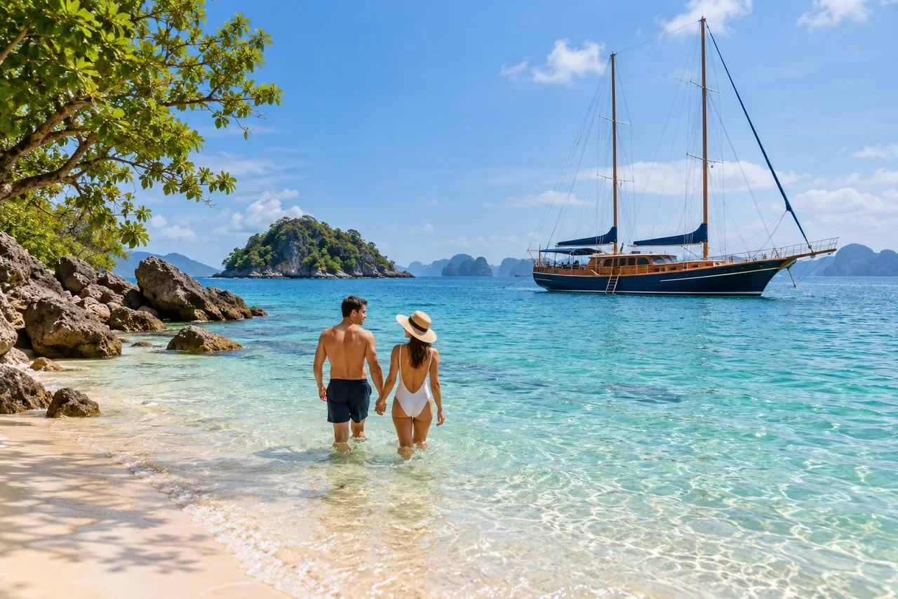 Shallow clear water beside a white-sand beach — AI-generated illustration