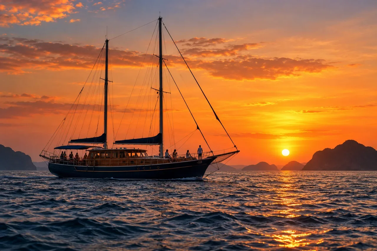 Silhouette of a two-mast sailing vessel at dusk — AI-generated illustration