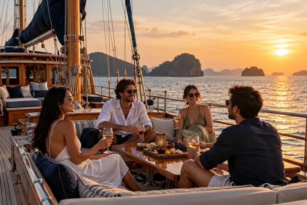 Golden-hour deck scene with a small group for sunset cruise vs day charter planning — AI-generated illustration