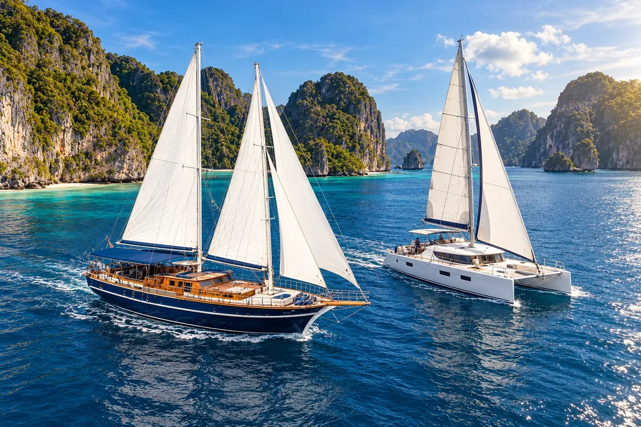 Two boat silhouettes side by side at sea — AI-generated illustration