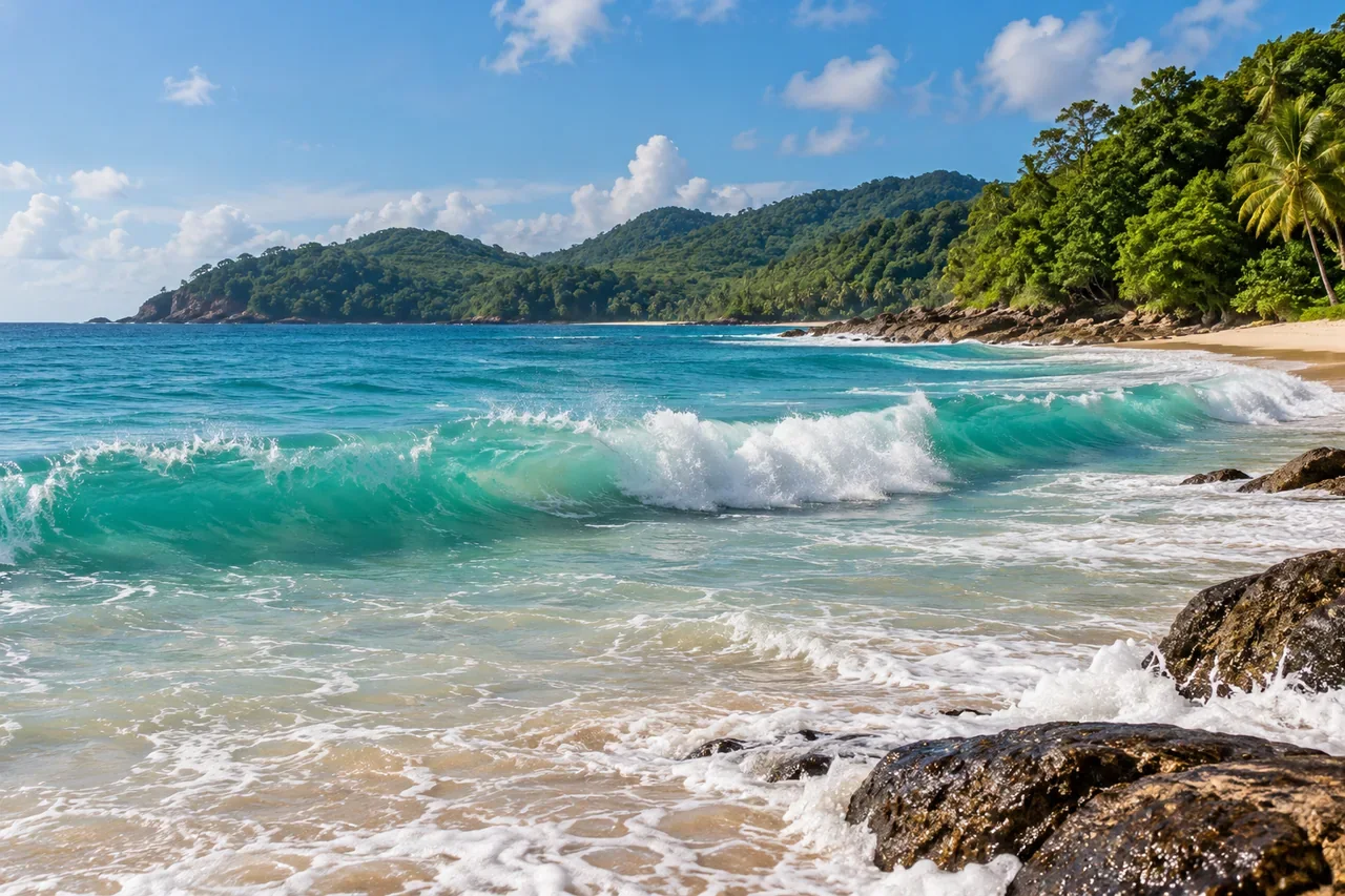Waves breaking on an open bay for Phuket beach safety planning — AI-generated illustration