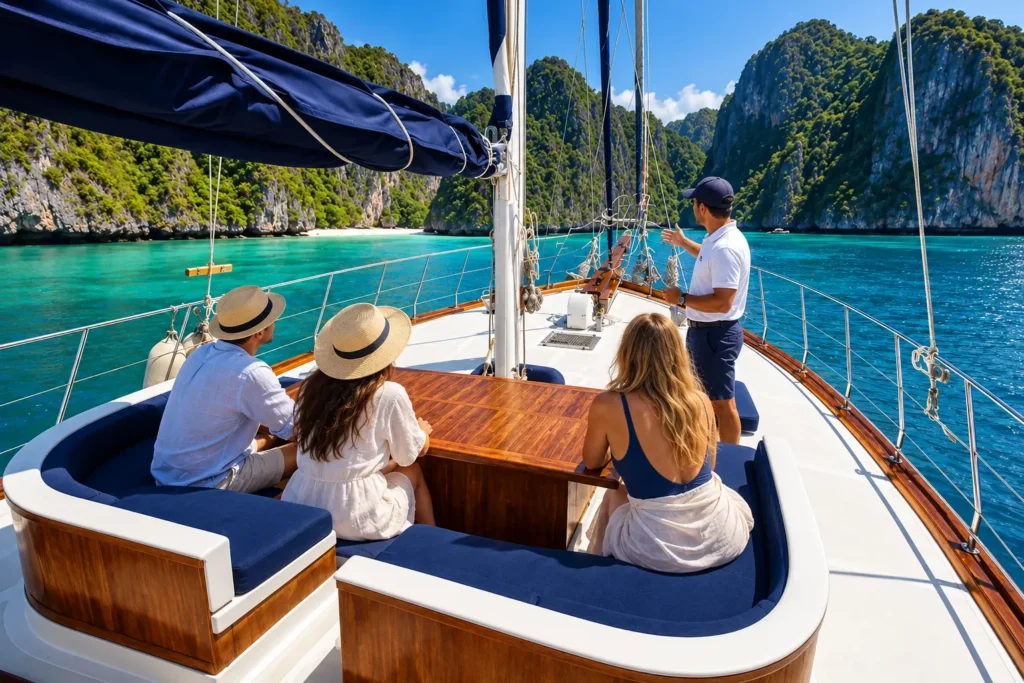 Guests listening to a crew briefing on deck for yacht charter etiquette planning — AI-generated illustration