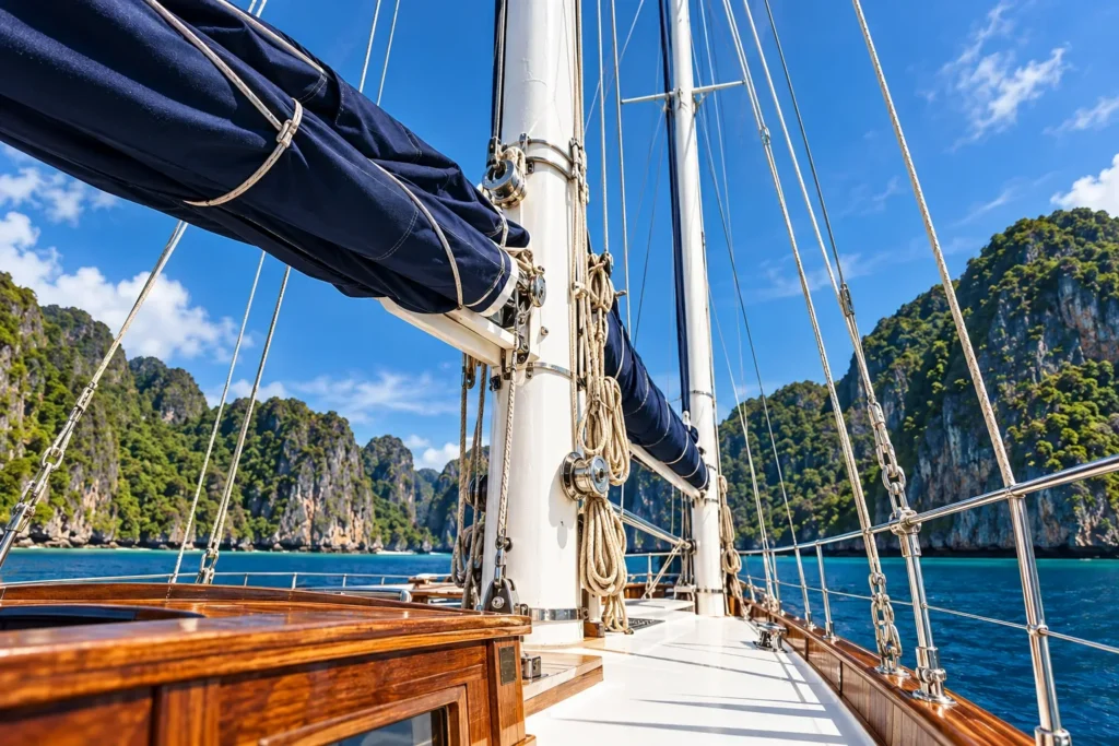 Close-up of a wooden deck and rigging for yacht charter glossary planning — AI-generated illustration