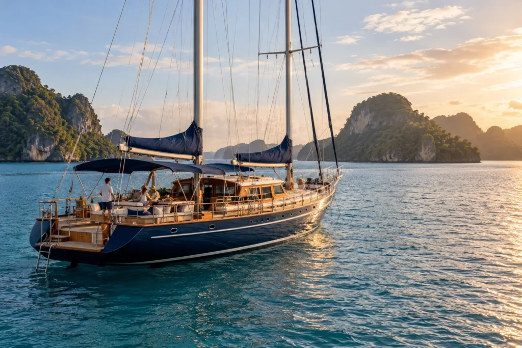 A sailing yacht under soft light for yacht vs speedboat planning — AI-generated illustration